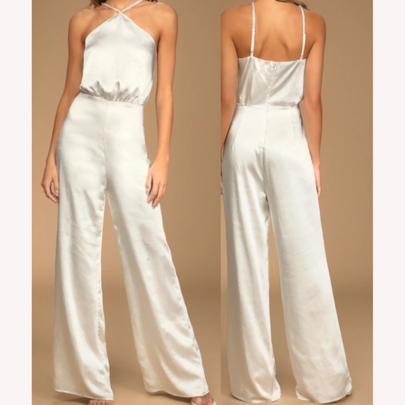 Lulu's Pants - LULU'S Sz S Dose of Romance Ivory Satin Halter Wide-Leg Jumpsuit B169 *flaw